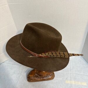 Brown Suede Hat with Feather Accent